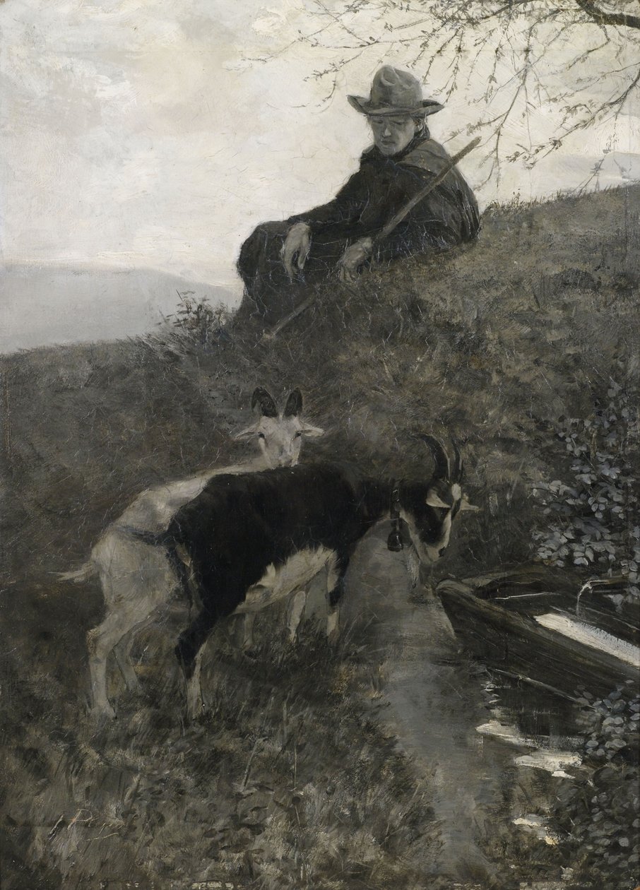 Koza se zvířaty u napáječky od Hermann Pleuer