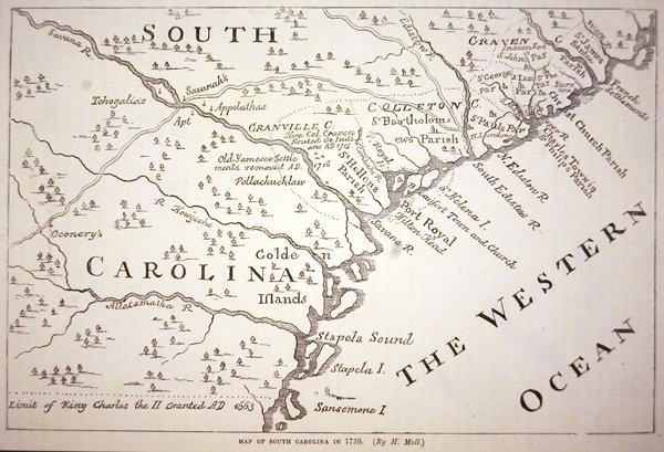 Mapa Jižní Karolíny v roce 1730 (litho) od Hermann (after) Moll