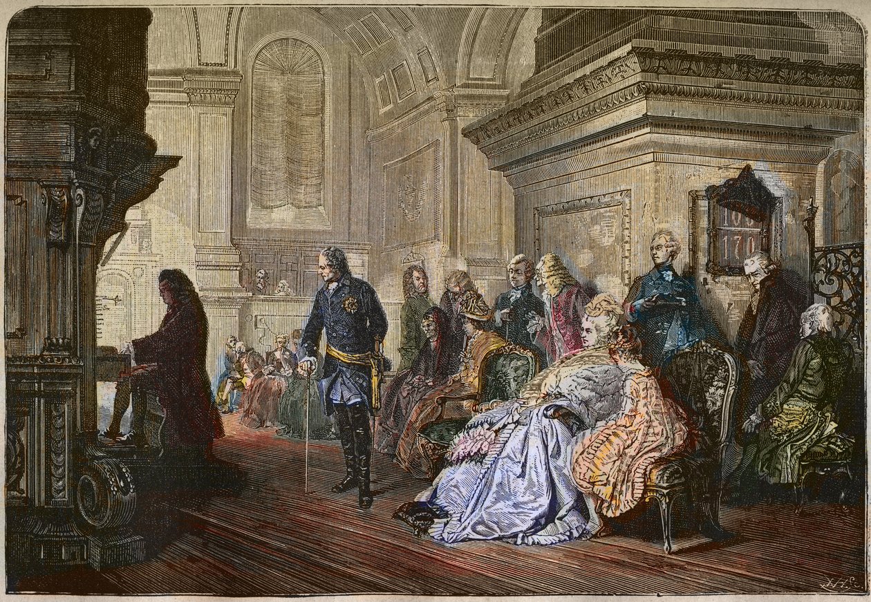 Pruský král Fridrich II. Veliký (1712-1786) poslouchá skladatele Jeana Sebastiana Bacha hrajícího na kurtu, rytina podle Kaulbachova obrazu - Fridrich II. Veliký, pruský král, poslouchá Johanna Sebastiana Bacha u varhan, Sanssouci od Hermann Kaulbach