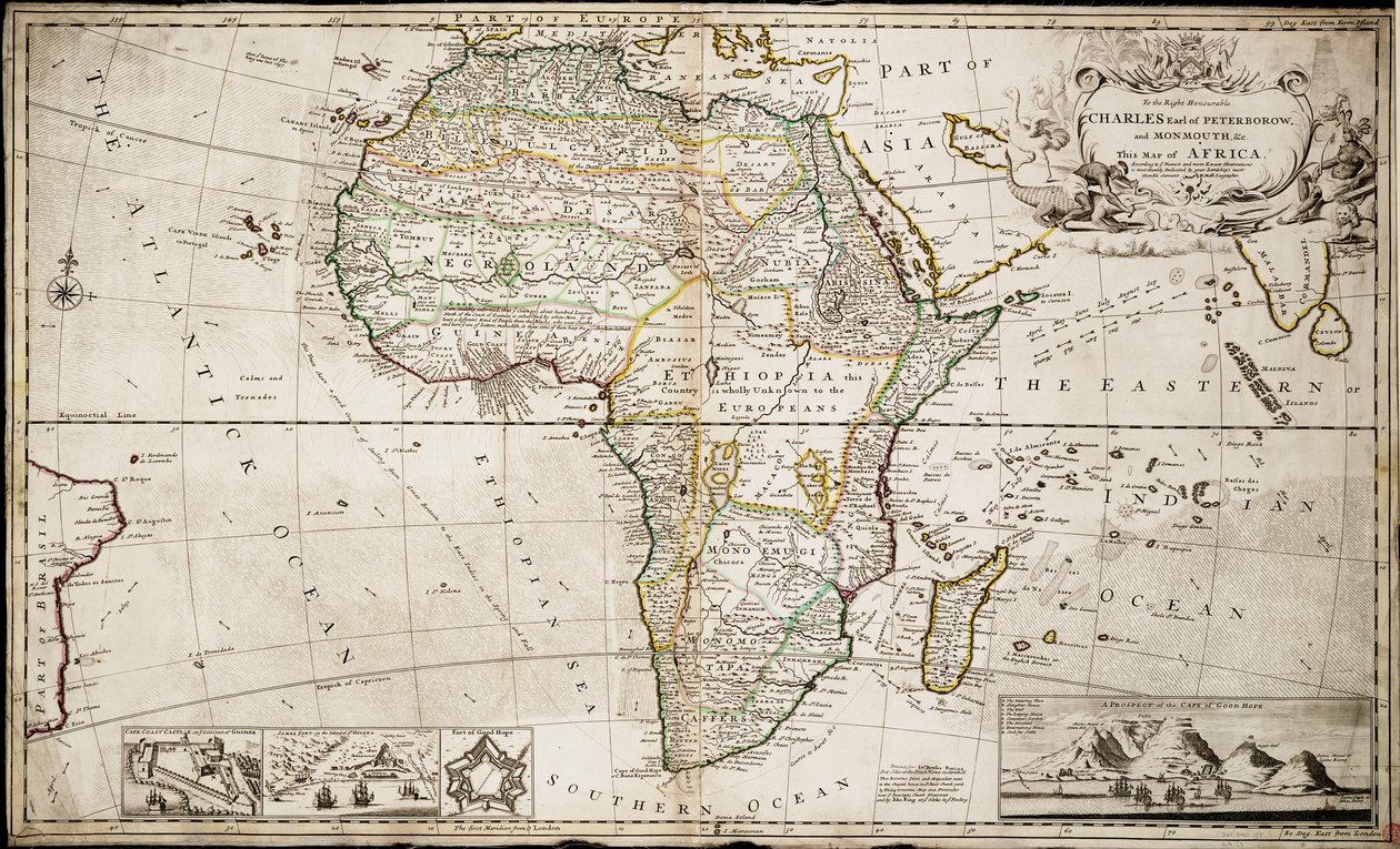 Mapa Afriky, asi 1715 (kolorovaná rytina) od Hermann Moll