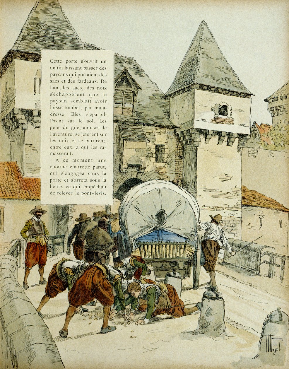 Amiens překvapení. Španělé použili trik k dobytí města Amiens, 11. března 1597 tím, že zablokovali brány vozíkem. Ilustrace, 1907, Hermann Vogel od Hermann Vogel