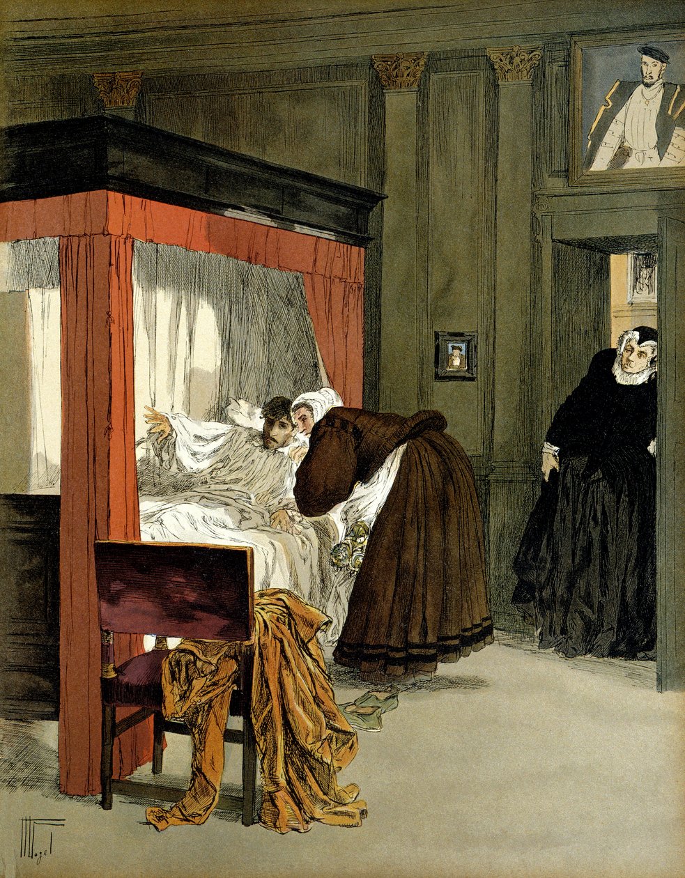 Karel IX. (1550-1574), francouzský král, umírá se svou ošetřovatelkou. Ilustrace Hermann Vogel (1856-1918) v „“ Henri IV““ od Hermann Vogel