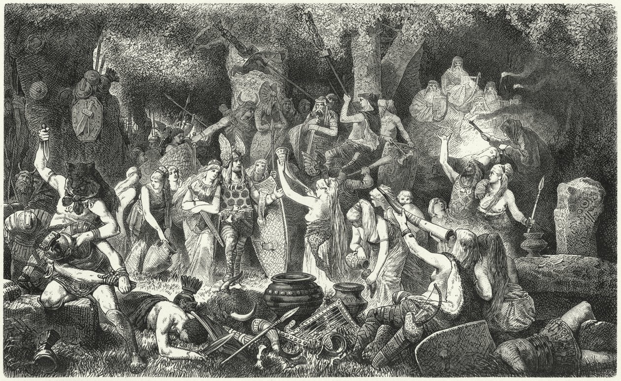 Germánští bojovníci slavící vítězství nad Římany (rytina) od Hermann Vogel