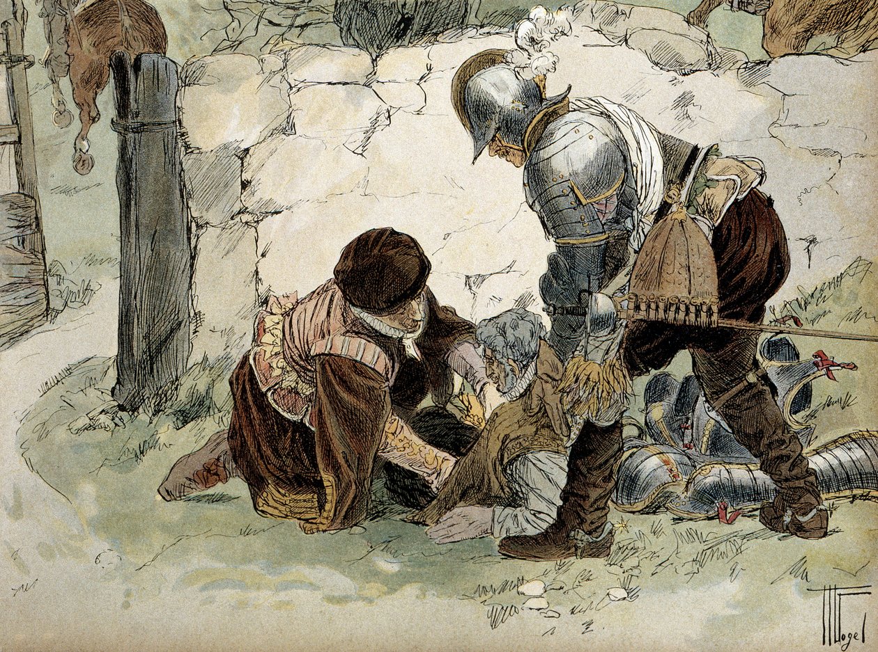Henri IV (1553-1610) zraněný během průzkumu v Aumale proti armádě Mayenne. Ilustrace Hermann Vogel (1856-1918) v „“ Henri IV““ od Hermann Vogel