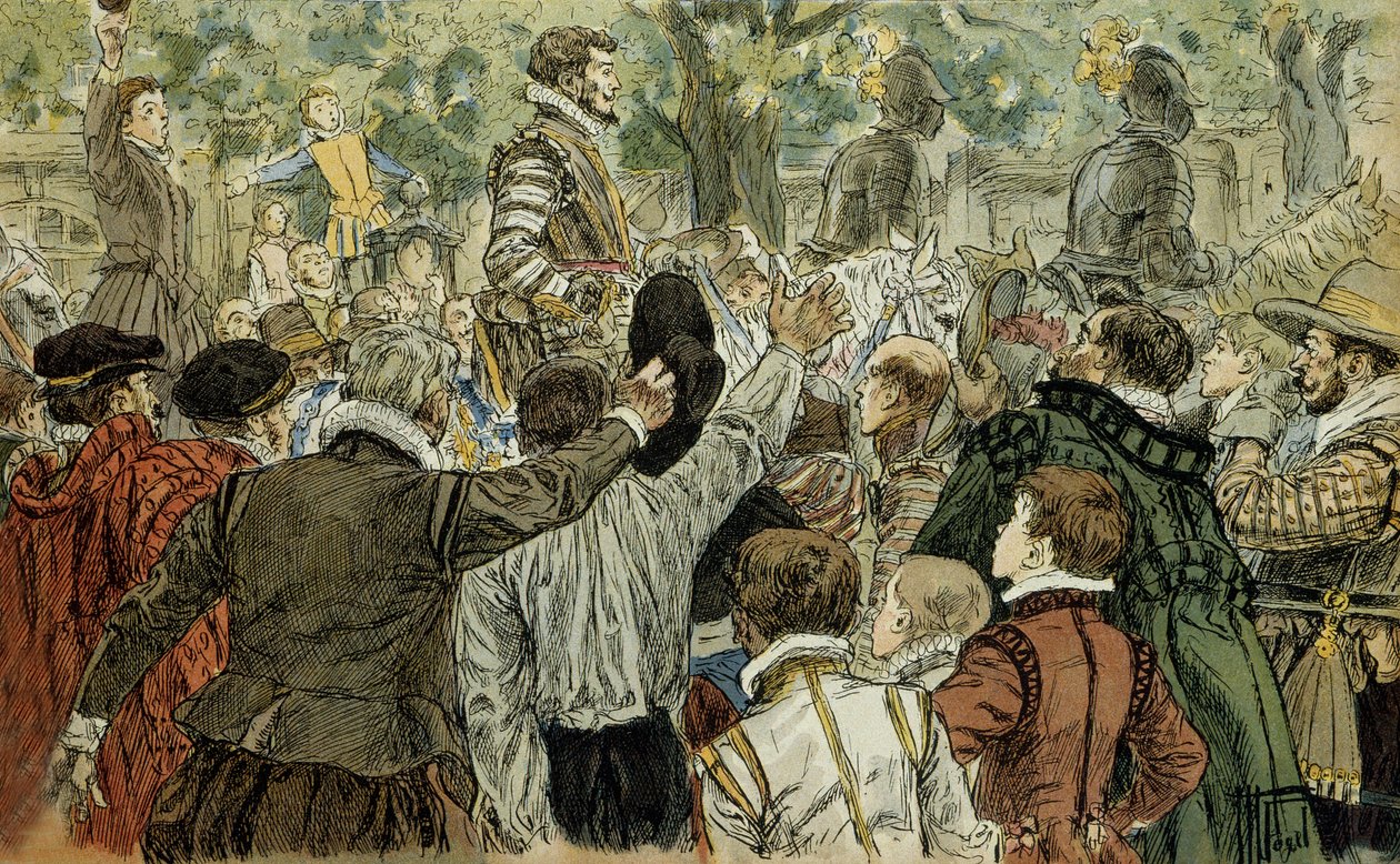 Henri de Guise (1549-1588), vůdce katolické ligy, tleskali Pařížané po dni barikád (12. května 1588). Ilustrace 1907, Hermann Vogel (1856-1918). Particuliere sbírka. od Hermann Vogel