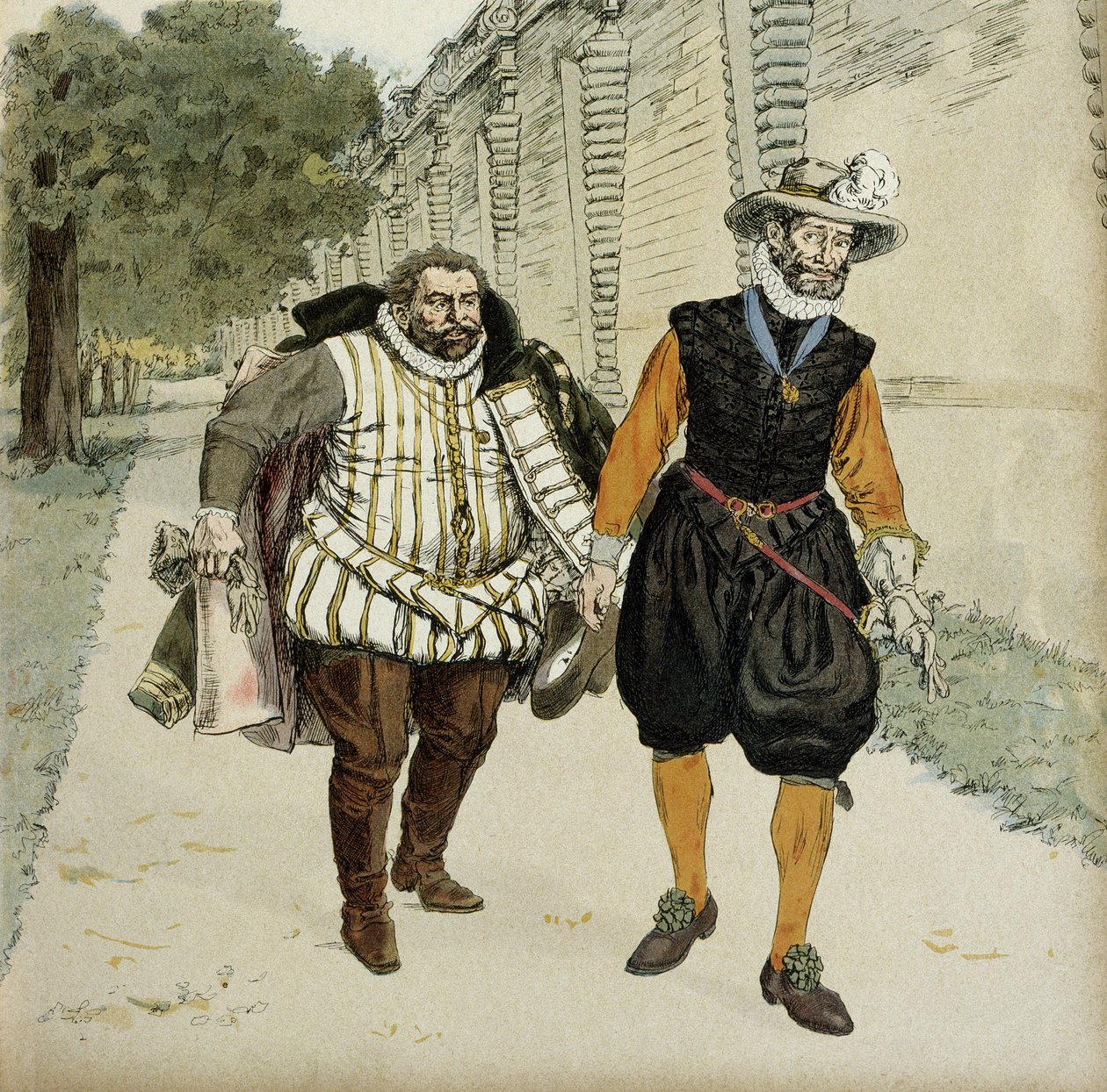 Jindřich IV (1553-1610) a Charles de Lorraine, vévoda z Mayenne (1554-1611). První usmiřovací rozhovor mezi dvěma nepřáteli, Mayennem, vůdcem legueurs a králem, v zahradách Chateau de Montceaux, v Brie, v roce 1596. Ilustrace od Hermann Vogel