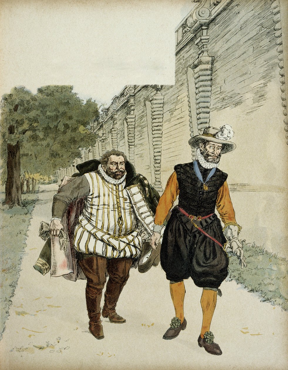 Jindřich IV (1553-1610) a Charles de Lorraine, vévoda z Mayenne (1554-1611). První usmiřovací rozhovor mezi dvěma nepřáteli, Mayennem, vůdcem legueurs a králem, v zahradách Chateau de Montceaux, v Brie, v roce 1596. Ilustrace od Hermann Vogel