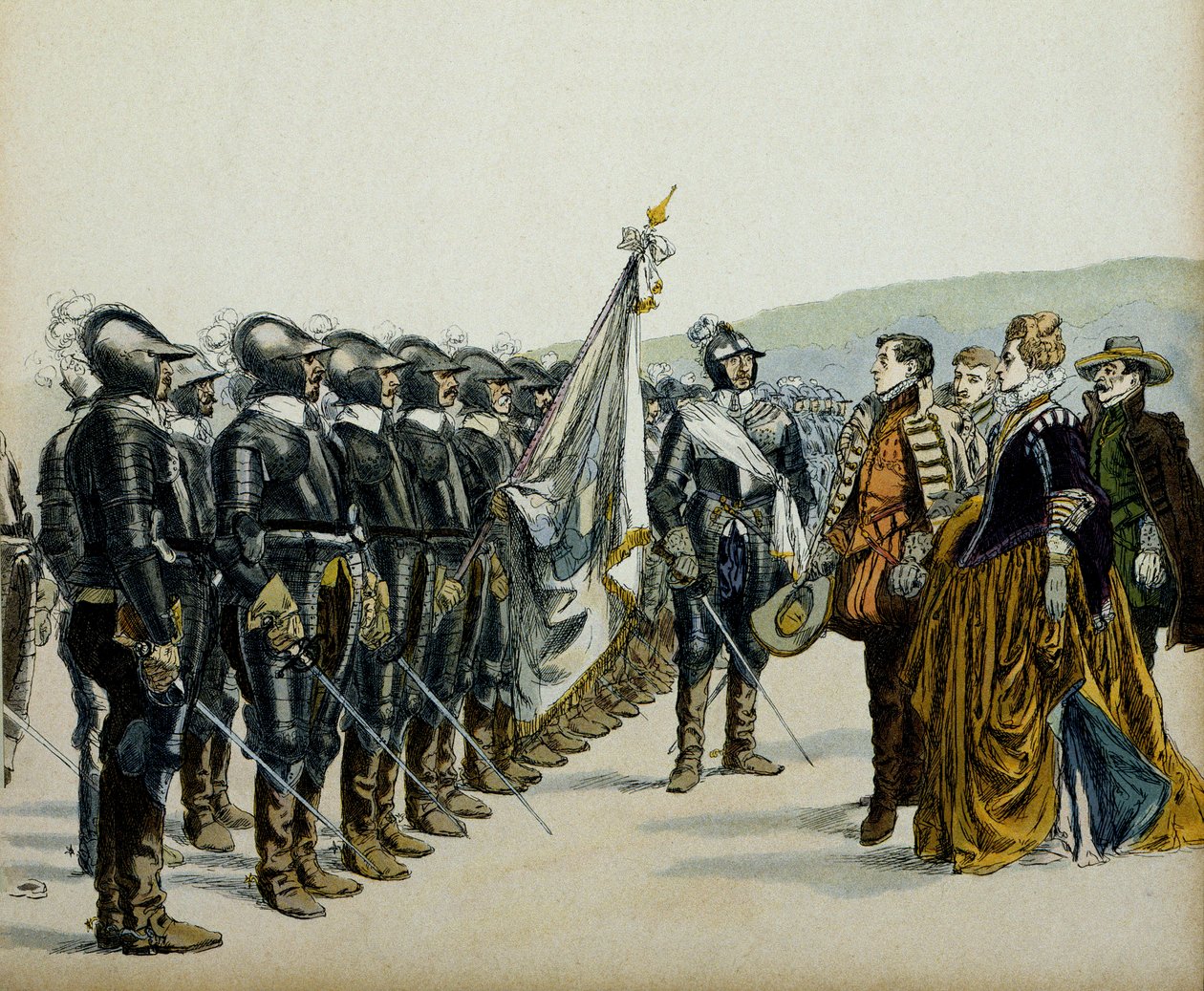 Johanka z Albretu nebo Johanka III z Albretu (1528-1572) a její syn Jindřich IV (1553-1610) před svými protestantskými vojsky. Ilustrace Hermann Vogel (1856-1918) v „“ Henri IV““ od Hermann Vogel