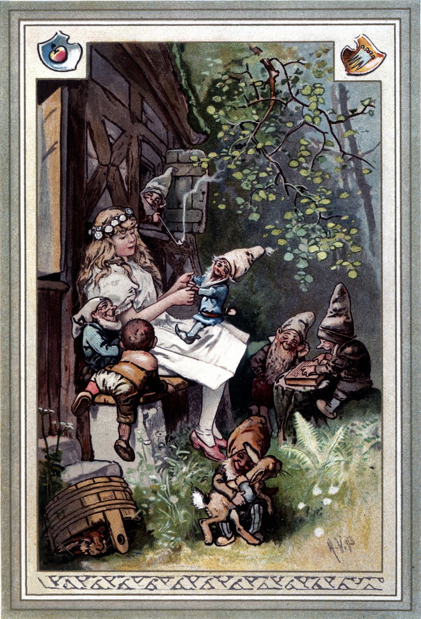 Kinder und hausmarchen (Příběh dětství a domova) (1812): bajky bratří Grimmů. Obálka Hermanna Vogela 1894 představující Sněhurku a sedm trpaslíků. od Hermann Vogel