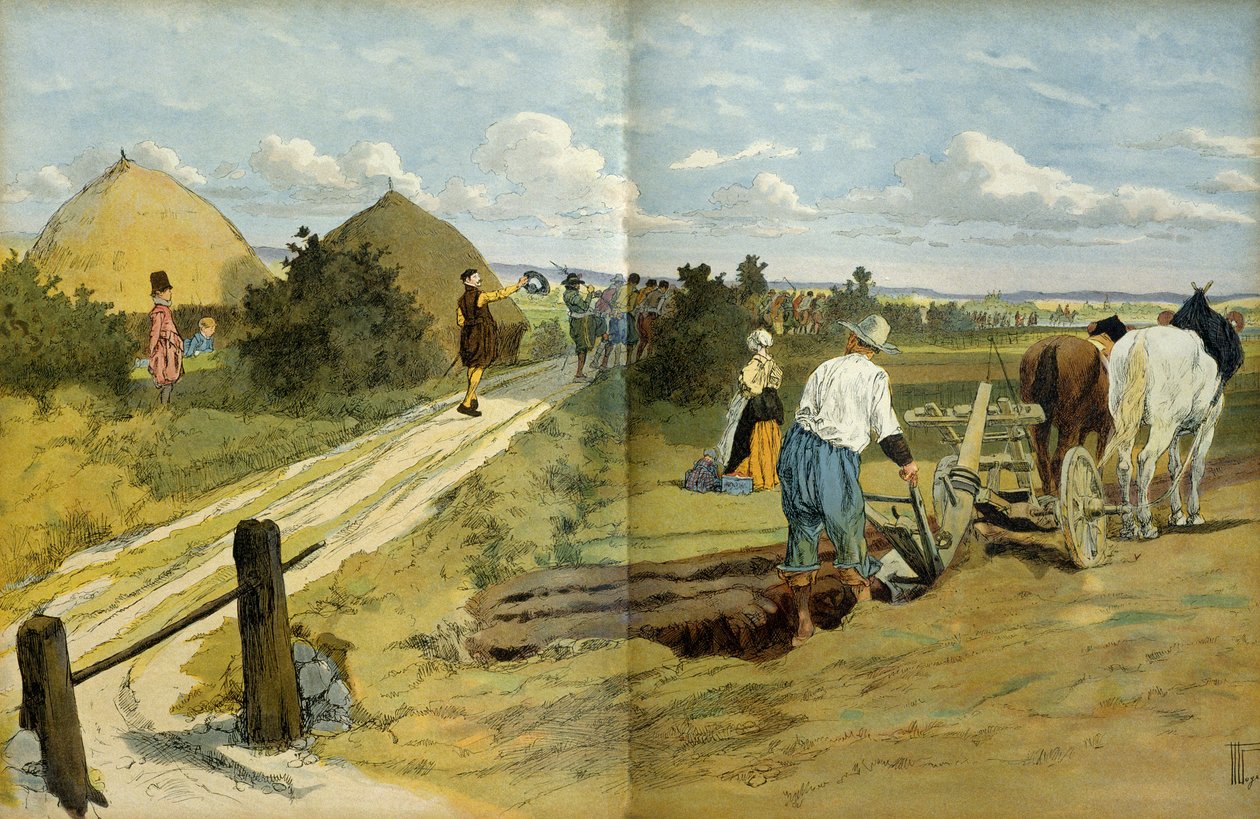 Rolníci viděli průchod nájezdníků a lupičů zajatých královskou armádou Jindřicha IV. (1553-1610). Ilustrace od Hermann Vogel