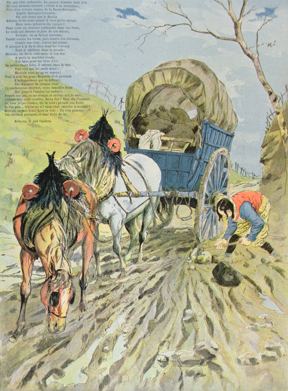 Vozík uvízlý v bahně, z Bajek od Jean de La Fontaine (1621-95) 1888 (barevná rytina) od Hermann Vogel