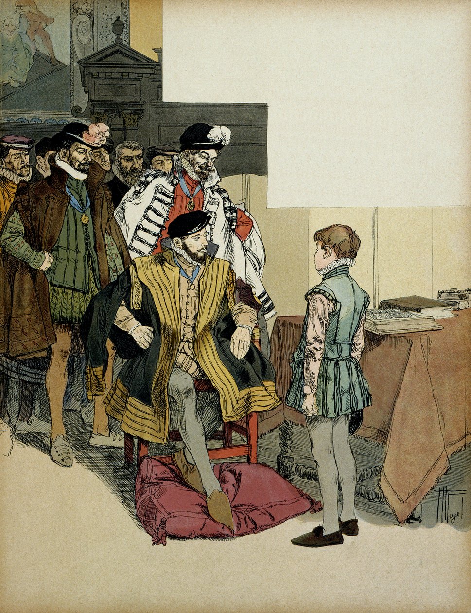 Francouzský král Jindřich II. (1519-1559) obklopený svými gentlemany rád zpochybňuje Jindřicha IV. (1553-1610) jako dítě pro své sousedy. Ilustrace Hermann Vogel (1856-1918) v „“ Henri IV““ od Hermann Vogel