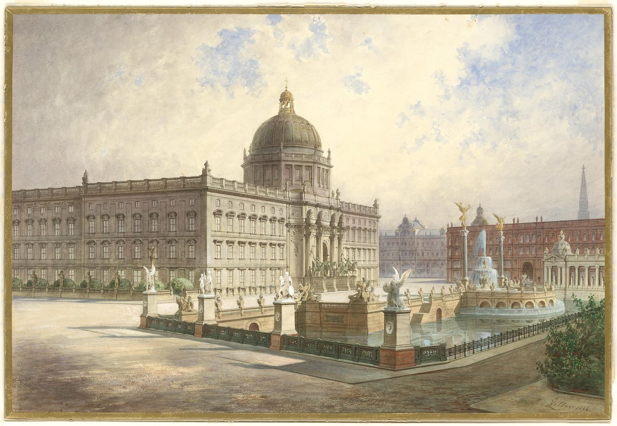 Berliner Stadtschloss. Pohled na fasádu paláce z palácového mostu, 1886 od Hermann Ziller