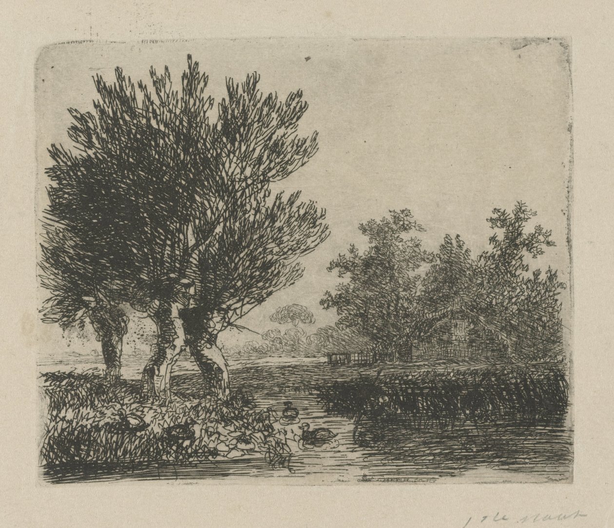 Tři vrby polard na nábřeží od Hermanus Jan Hendrik van Rijkelijkhuysen