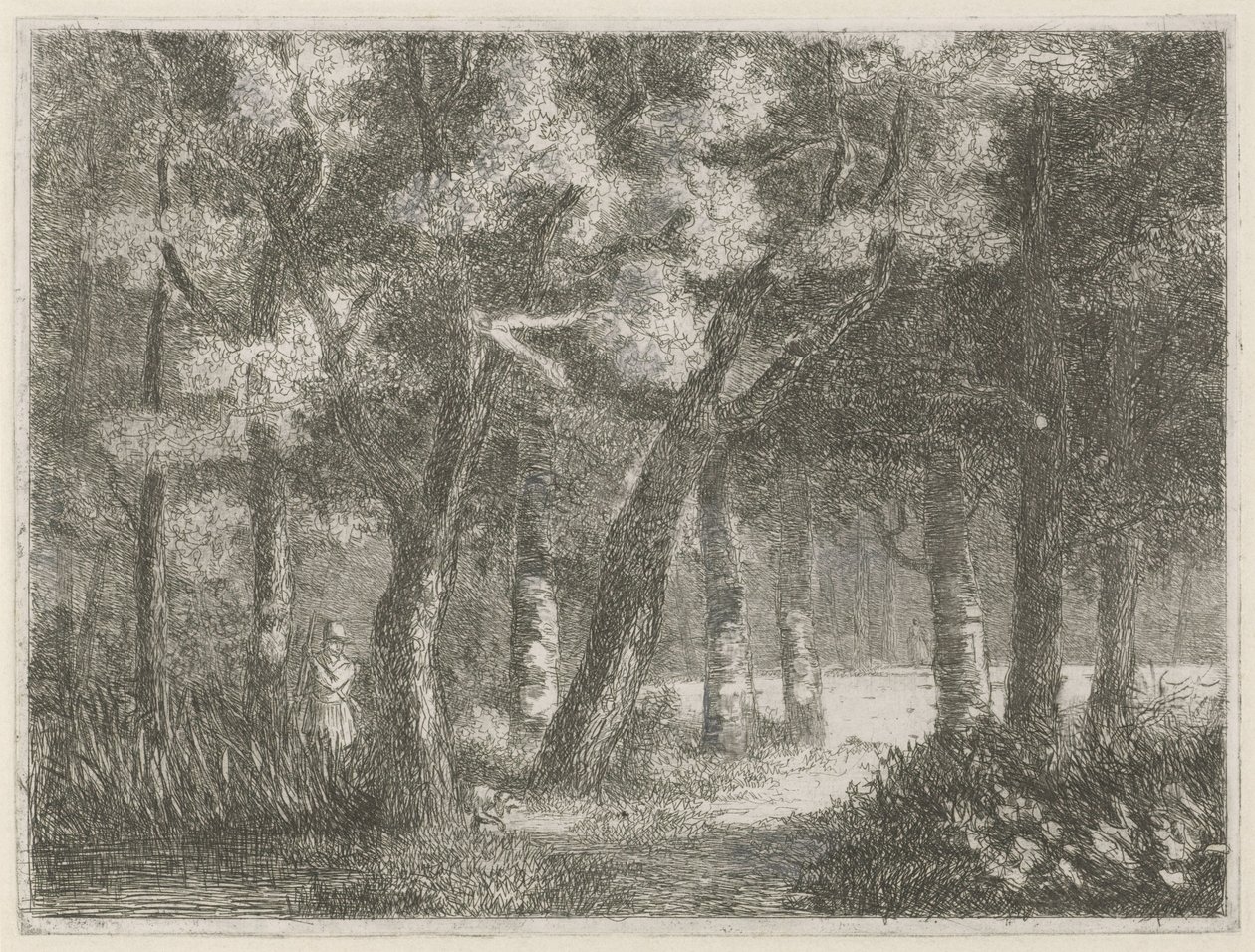 Lovec a jeho pes v lese od Hermanus Jan Hendrik van Rijkelijkhuysen