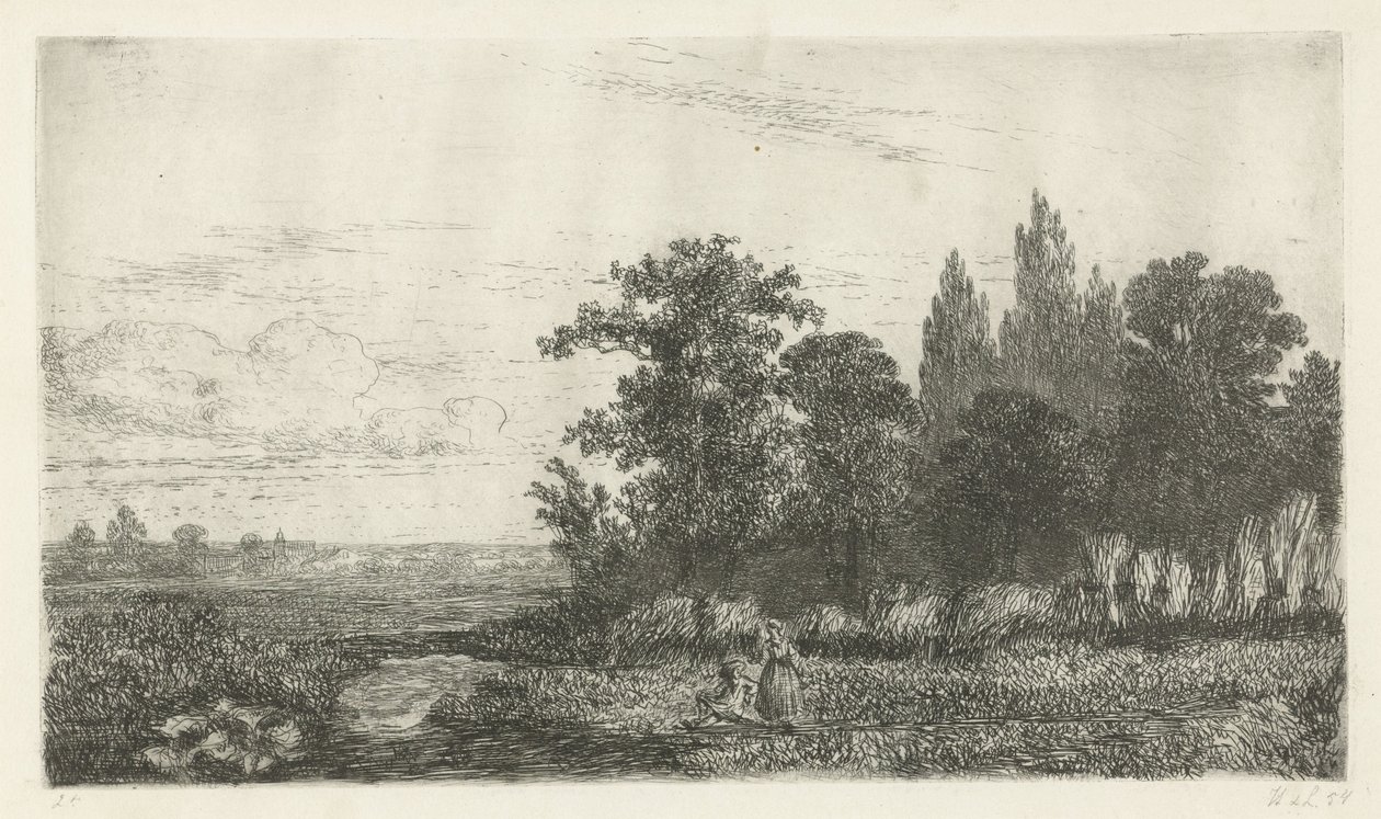 Muž a žena u potoka na okraji lesa od Hermanus Jan Hendrik van Rijkelijkhuysen