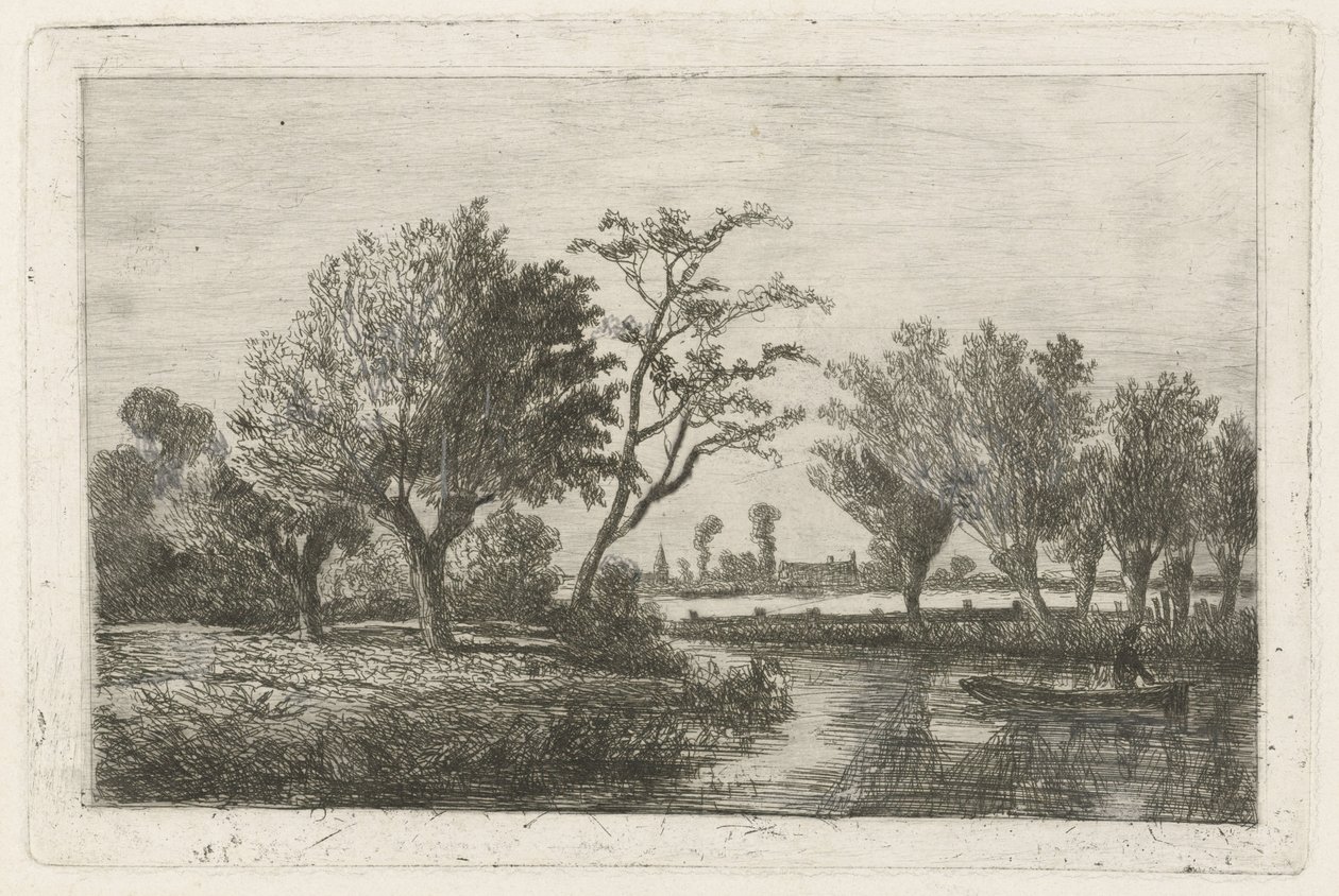 Řeka s rybářem ve člunu od Hermanus Jan Hendrik van Rijkelijkhuysen
