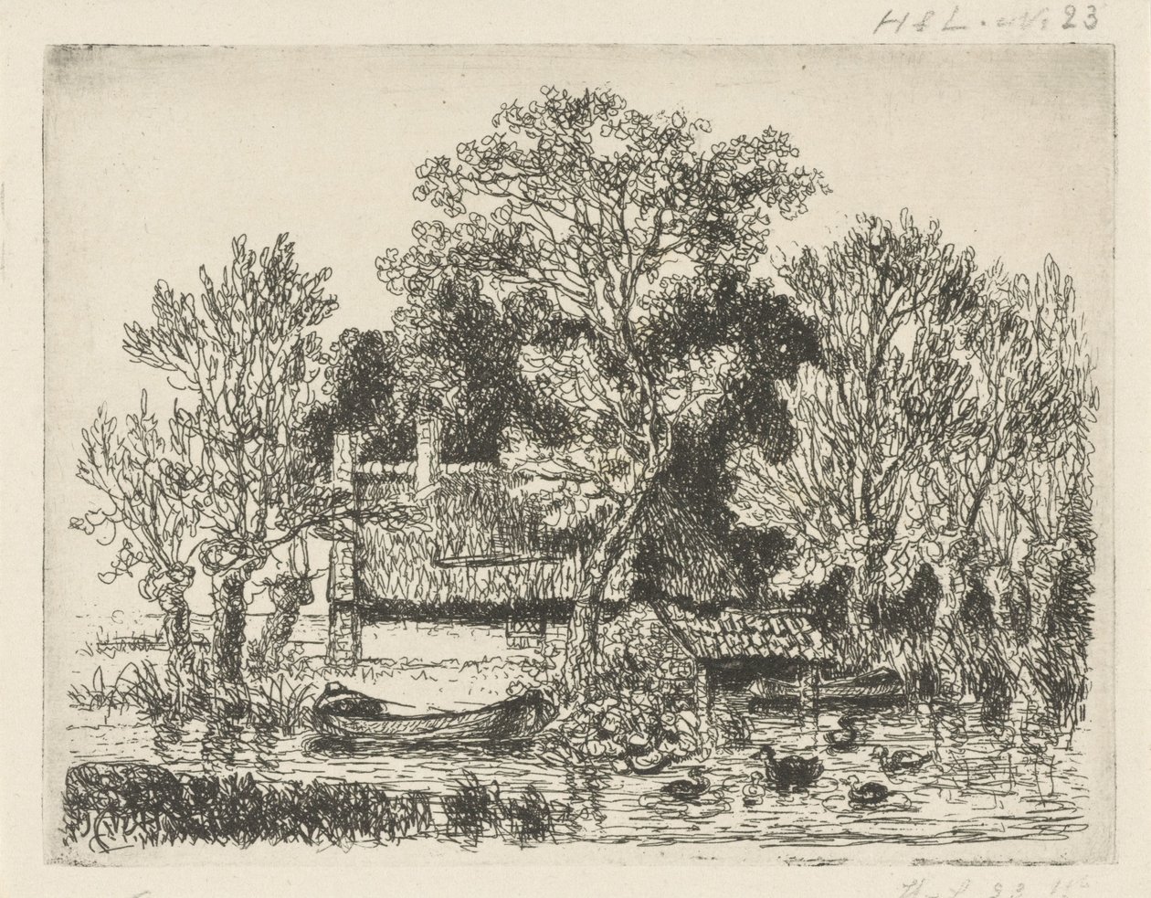 Výhled na řeku s člunem a kachnami od Hermanus Jan Hendrik van Rijkelijkhuysen