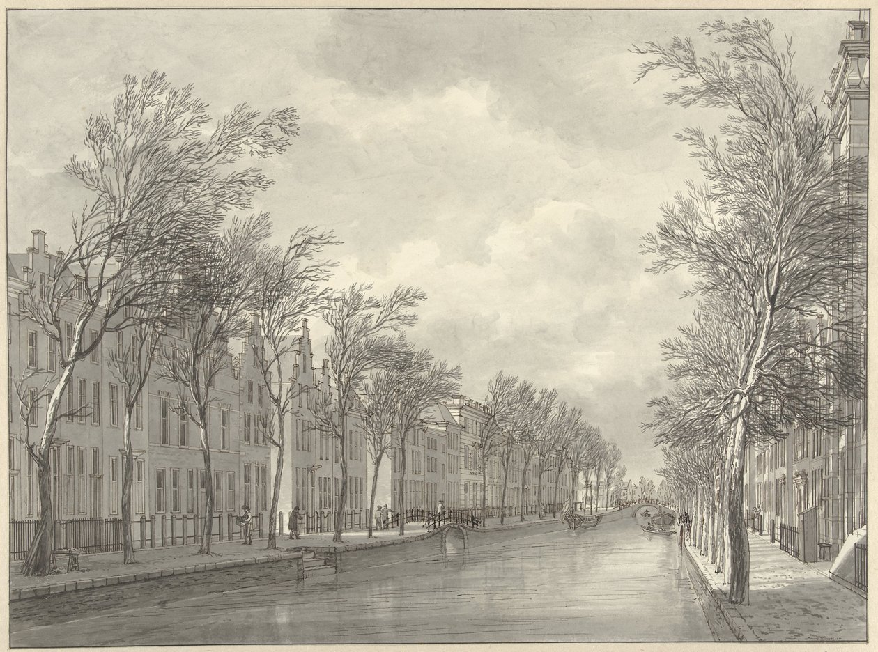 Pohled na Rapenburg v Leidenu z Groenebrugu, 1807 od Hermanus Numan (signed by artist)