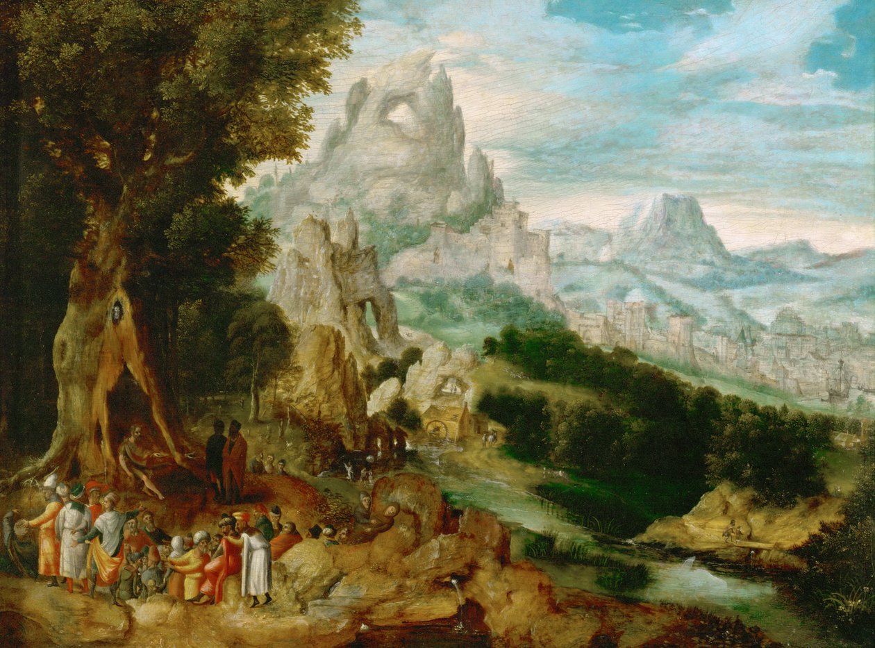 Paysage avec Saint Jean Baptiste prechant - Krajina s kázáním svatého Jana Křtitele, od Herri met de Bles (Henri Bles) (1510-1550). Olej na dřevě, cca 1535-1540. Rozměr: 29 x 39 cm. Uměleckohistorické muzeum, Vienne od Herri met de (c.1510 p.1550) Bles