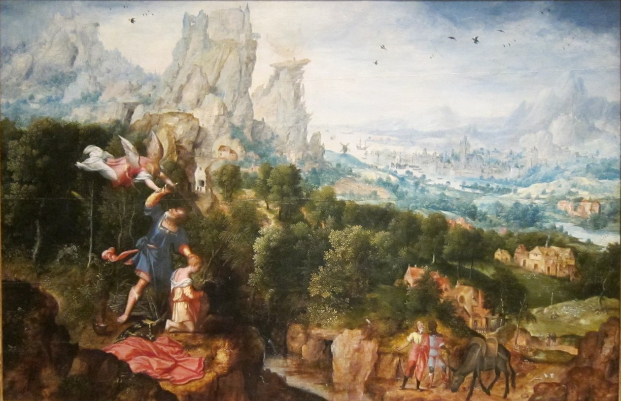 Když Abraham zvedne ruku, aby Izáka zabil, anděl mu ji zadrží (Genesis 22:10). od Herri met de Bles