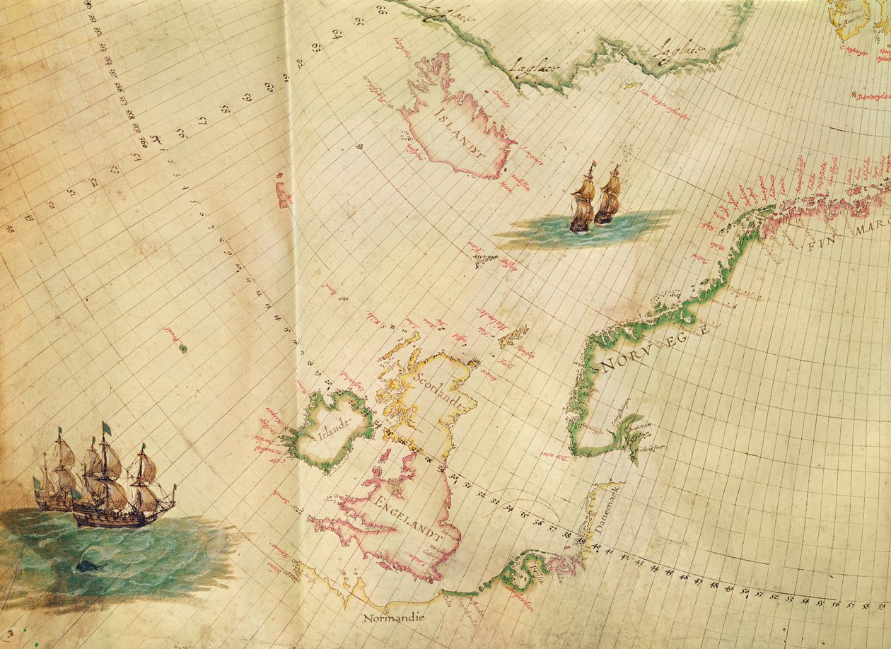 paní 1288 fol. 1 Polární Aurora, detail Anglie, Irska a Norska, z rytiny sbírky holandských námořních map od Hessel Gerritsz