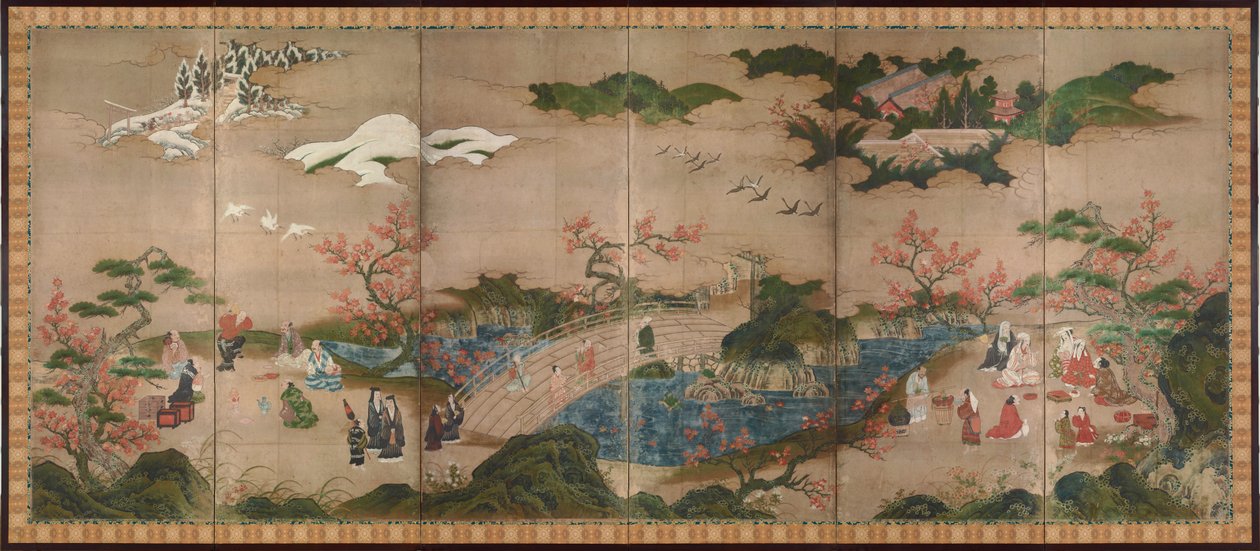 Les divákov des erables (Mapple Viewers) - Šestipanelové plátno - Dílo Kano Hideyori (aktivní 1565-1576), akvarel a inkoust na papíře - Japonské umění od Hideyori Kano