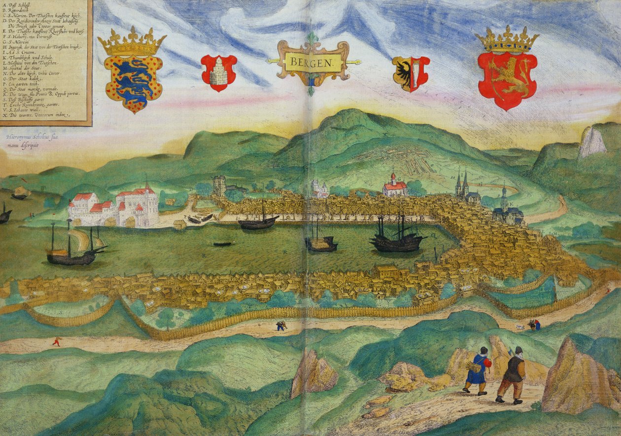 Mapa Bergenu, z „Civitates Orbis Terrarum“ od Georga Braua (1541-1622) a Franze Hogenberga (1535-90) kolem 1571-1600 od Hieronymous Scholeus