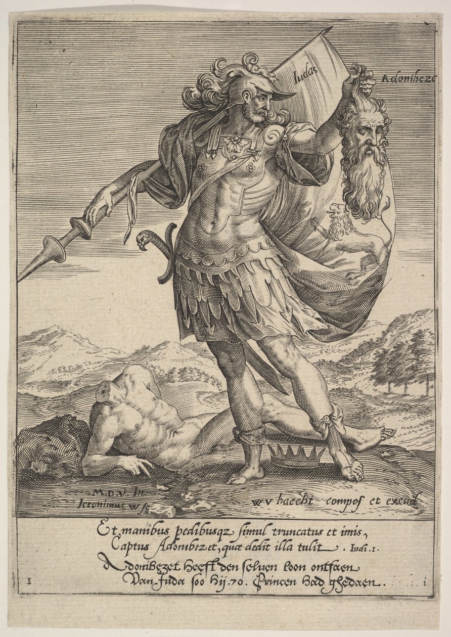 Judah s hlavou Adonibezek, od Willem van Haecht, Tyrannorum proemia, 1578, 1578. od Hieronymous Wierix