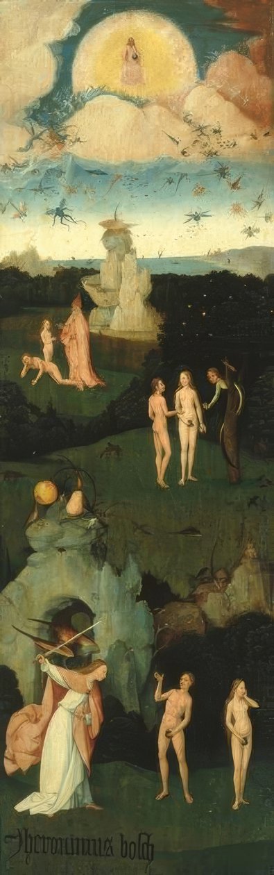 Pád anděla, stvoření Evy, pád člověka, vyhnání z ráje od Hieronymus Bosch