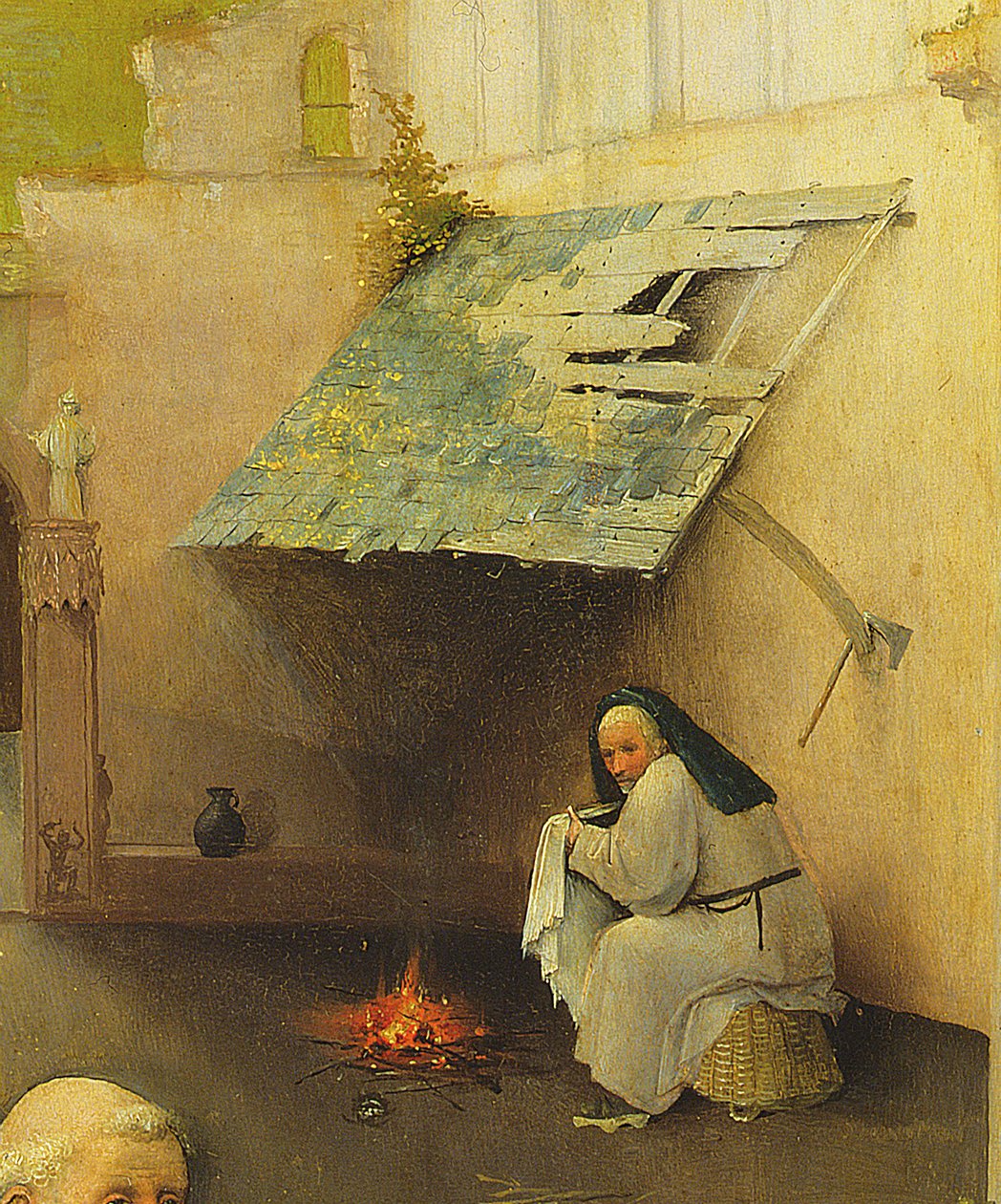 Klanění tří králů, detail postavy na pozadí, 1510 olej na panelu detail 3427 od Hieronymus Bosch