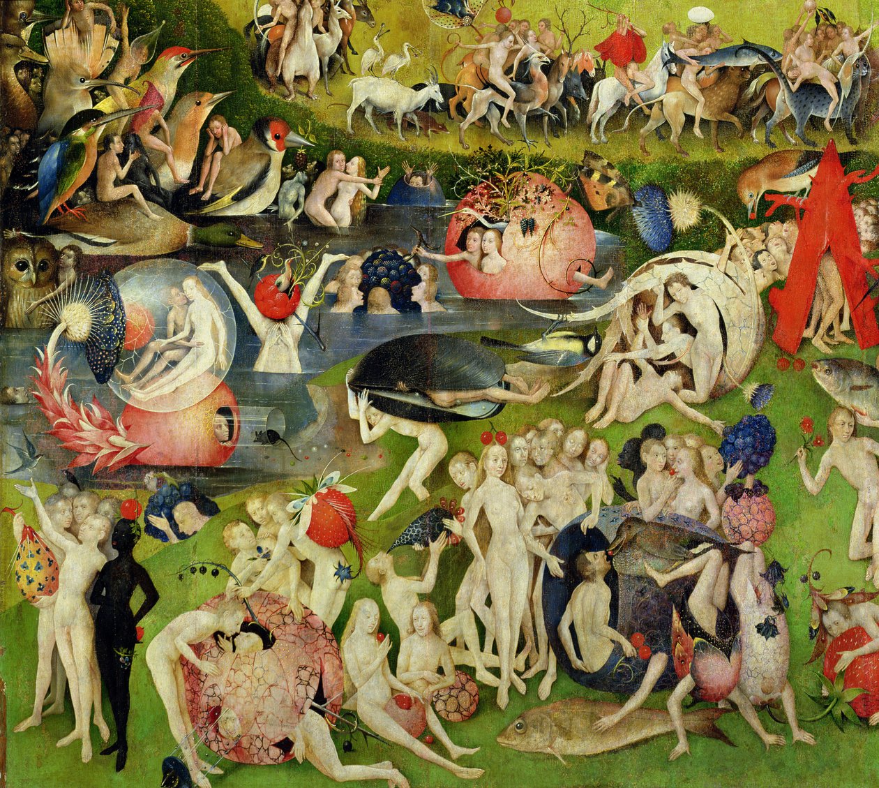Zahrada pozemských rozkoší: Alegorie luxusu, centrální panel triptychu, cca 1500 (detail 420) od Hieronymus Bosch