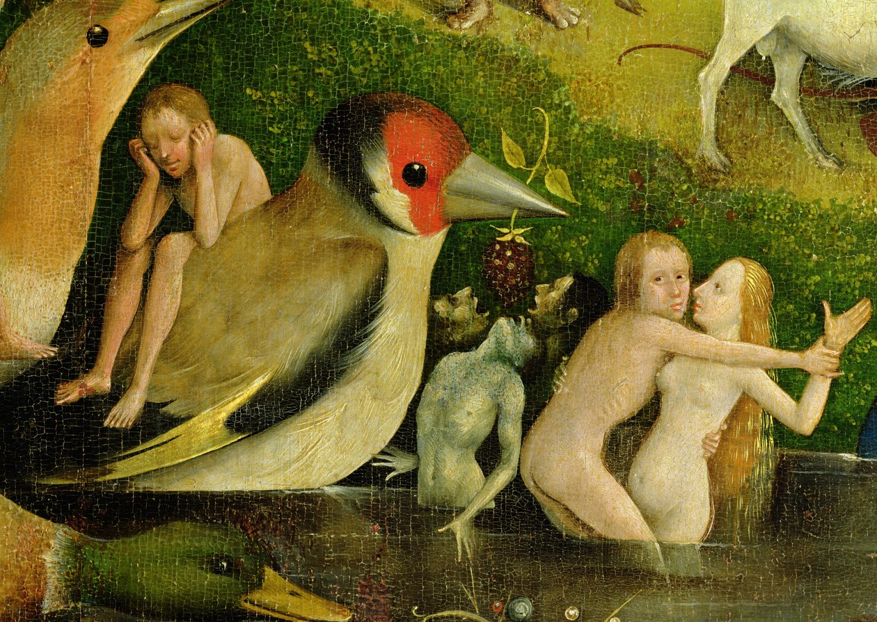 Zahrada pozemských rozkoší: Alegorie luxusu, centrální panel triptychu, detail páru ve vodě a ptáka, cca 1500 (detail 420) od Hieronymus Bosch