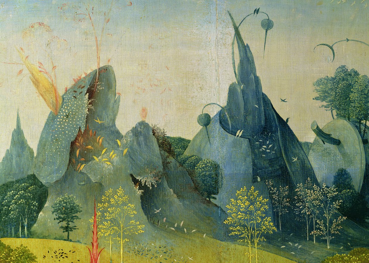 The Garden of Eden, detail z pravého panelu The Garden of Earthly Delights, cca 1500 (viz 37912 a 146963) od Hieronymus Bosch