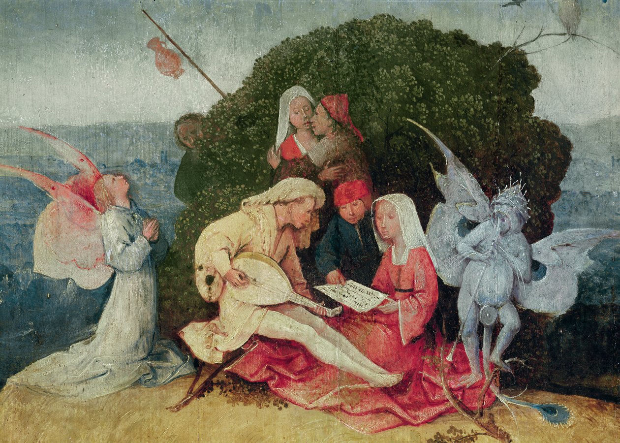 Hudebníci na vršku vozu, detail centrálního panelu The Haywain Triptych, c.1515 olej na panelu detail 3429 od Hieronymus Bosch