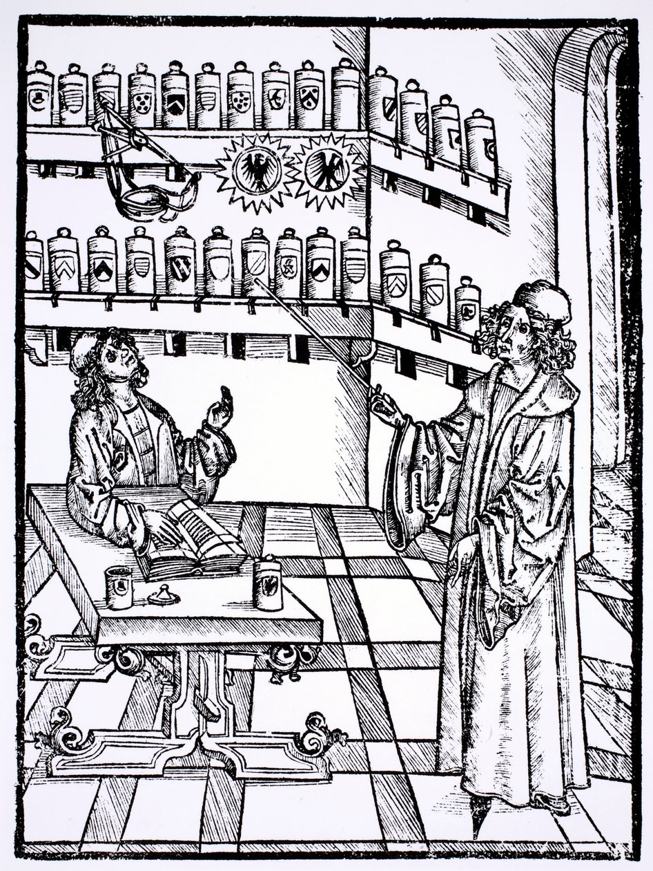 Lékárna z „Das Buch der Cirugia“ publikovaná ve Štrasburku v roce 1497 od Hieronymus Brunschwig