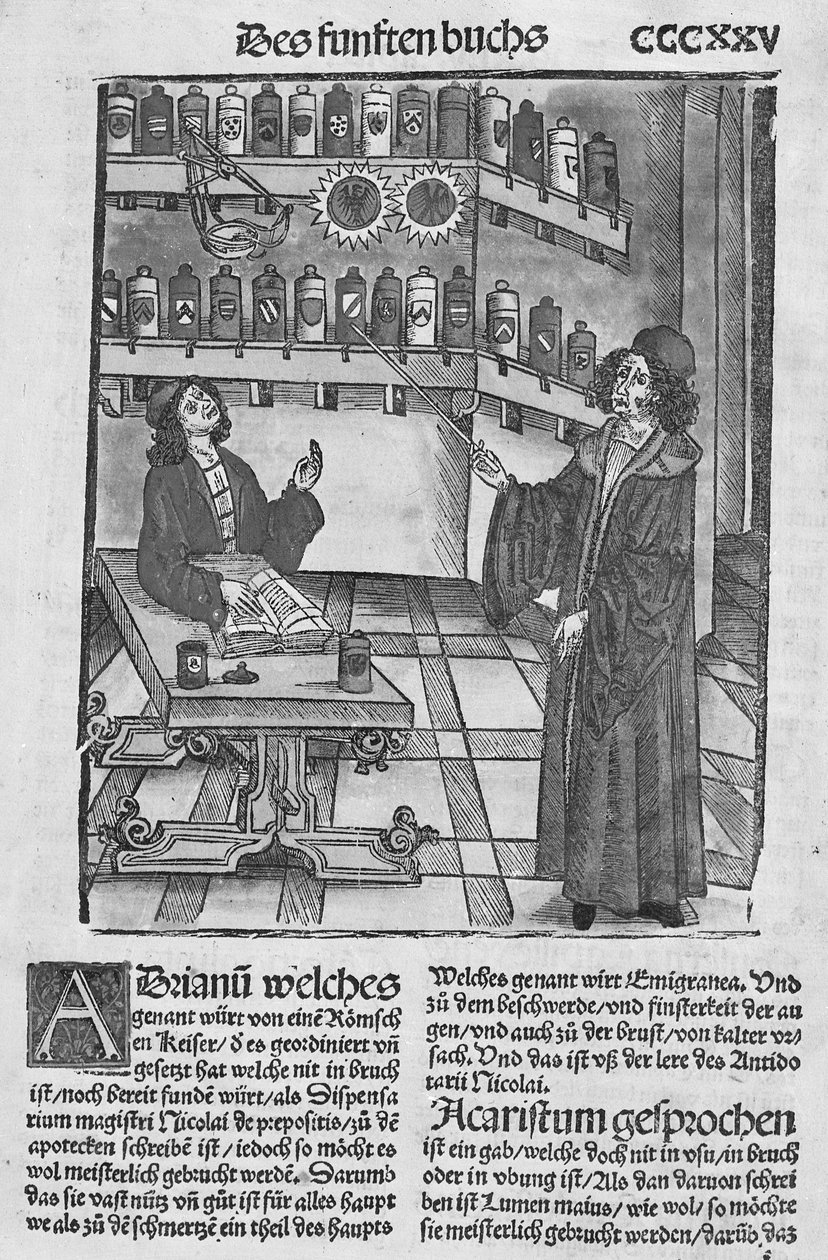 Lékárna, z „Das Buch der Cirugia“, publikovaná ve Štrasburku, 1497 od Hieronymus Brunschwig