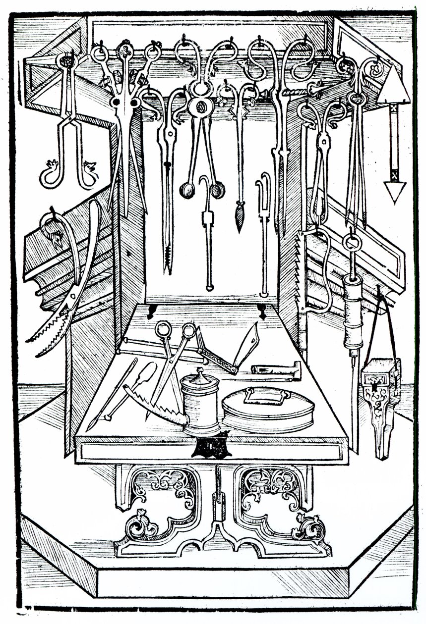 Operační stůl a chirurgické nástroje, z knihy "Das Buch der Cirugia", Štrasburk, 1497. od Hieronymus Brunschwig