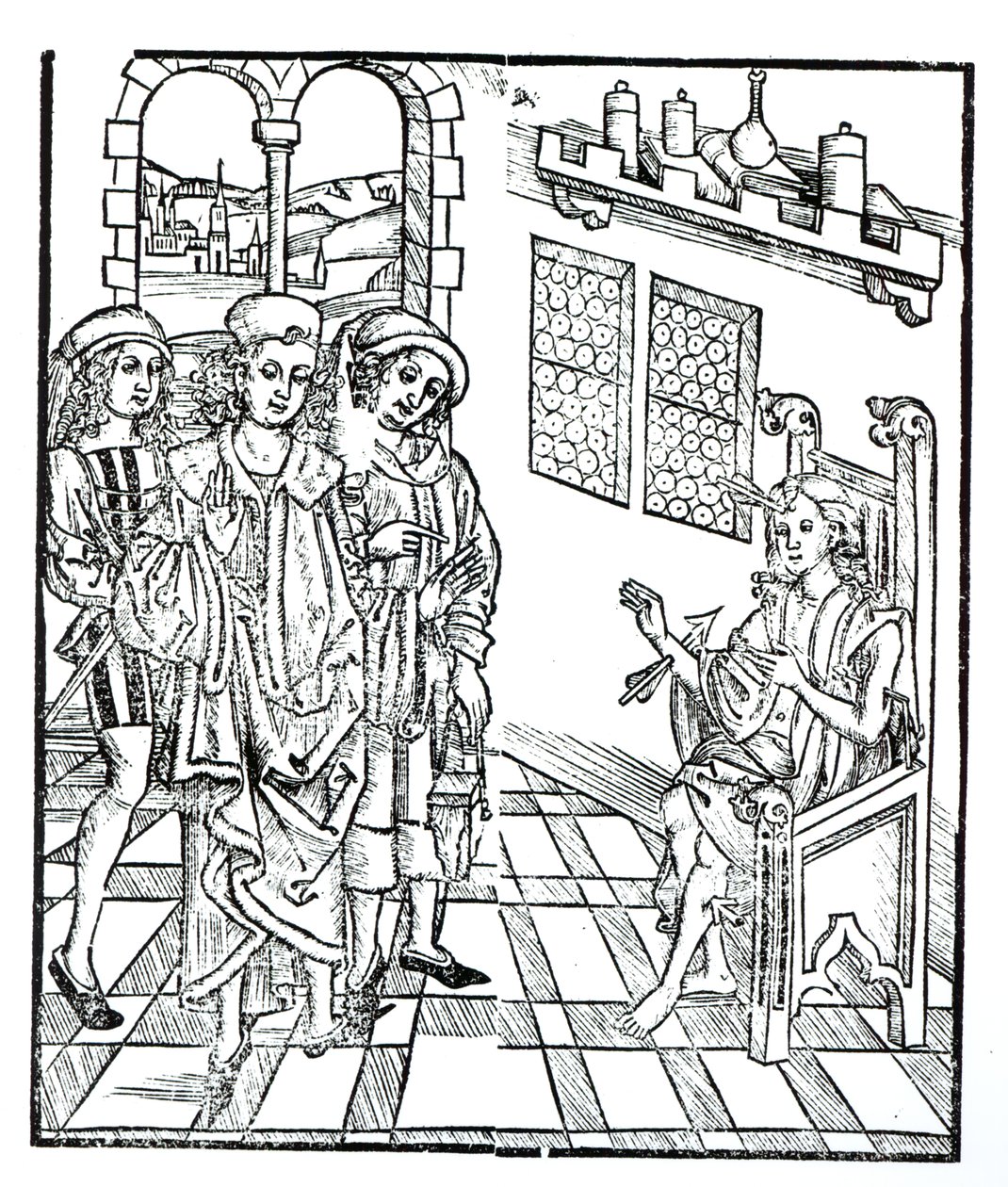 Chirurg navštěvuje muže s ranami od šípů, z „Das Buch der Cirugia“ publikované ve Štrasburku, 1497 od Hieronymus Brunschwig