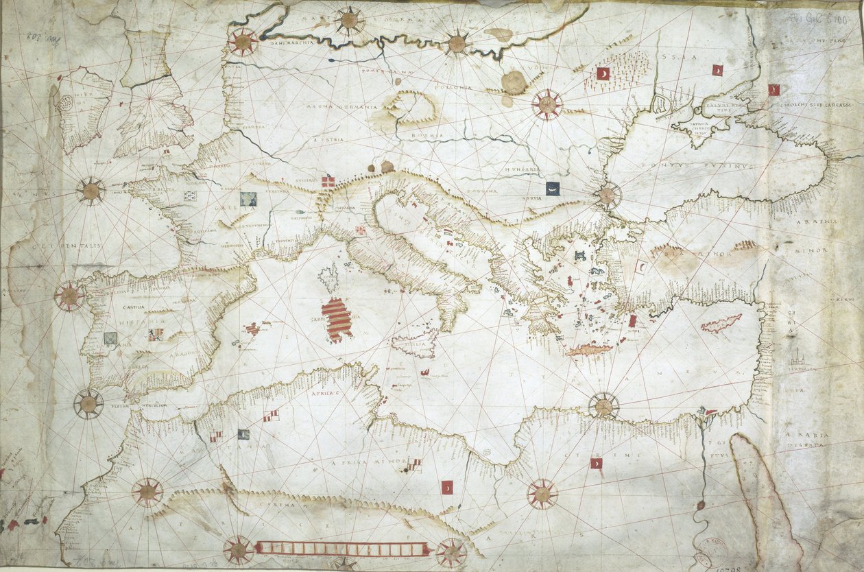 Mapa Středozemního moře, Černého moře a severovýchodního Atlantského oceánu od Hieronymus Verrazano