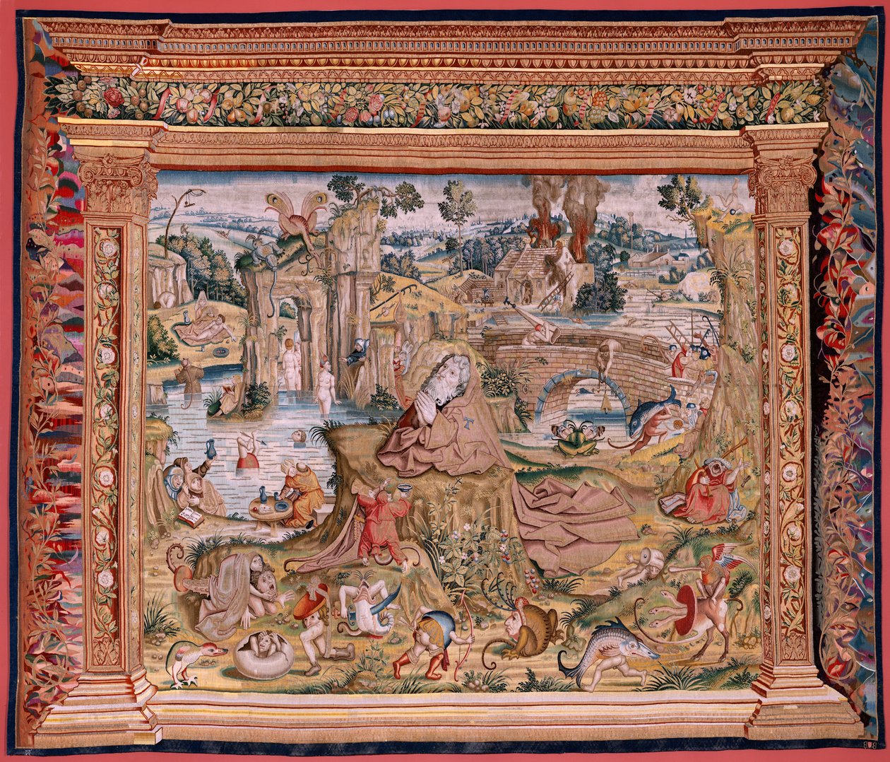 Vlámský gobelín. Série Čtyři gobelíny podle Hieronyma Bosche. Svatý Antonín v modlitbě (San Antonio en oración). Druhá tapisérie v sérii. Model Inspirován dílem Hieronyma Bosche. Výroba neznámá dílna, Brusel. Před rokem 1560. Fabric Go od Hieronymus (after) Bosch