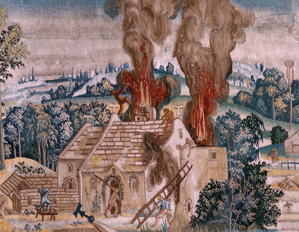 Vlámský gobelín. Série Čtyři gobelíny podle Hieronyma Bosche. Svatý Antonín v modlitbě (San Antonio en oración). Druhá tapisérie v sérii. Model Inspirován dílem Hieronyma Bosche. Výroba neznámá dílna, Brusel. Před rokem 1560. Fabric Go od Hieronymus (after) Bosch