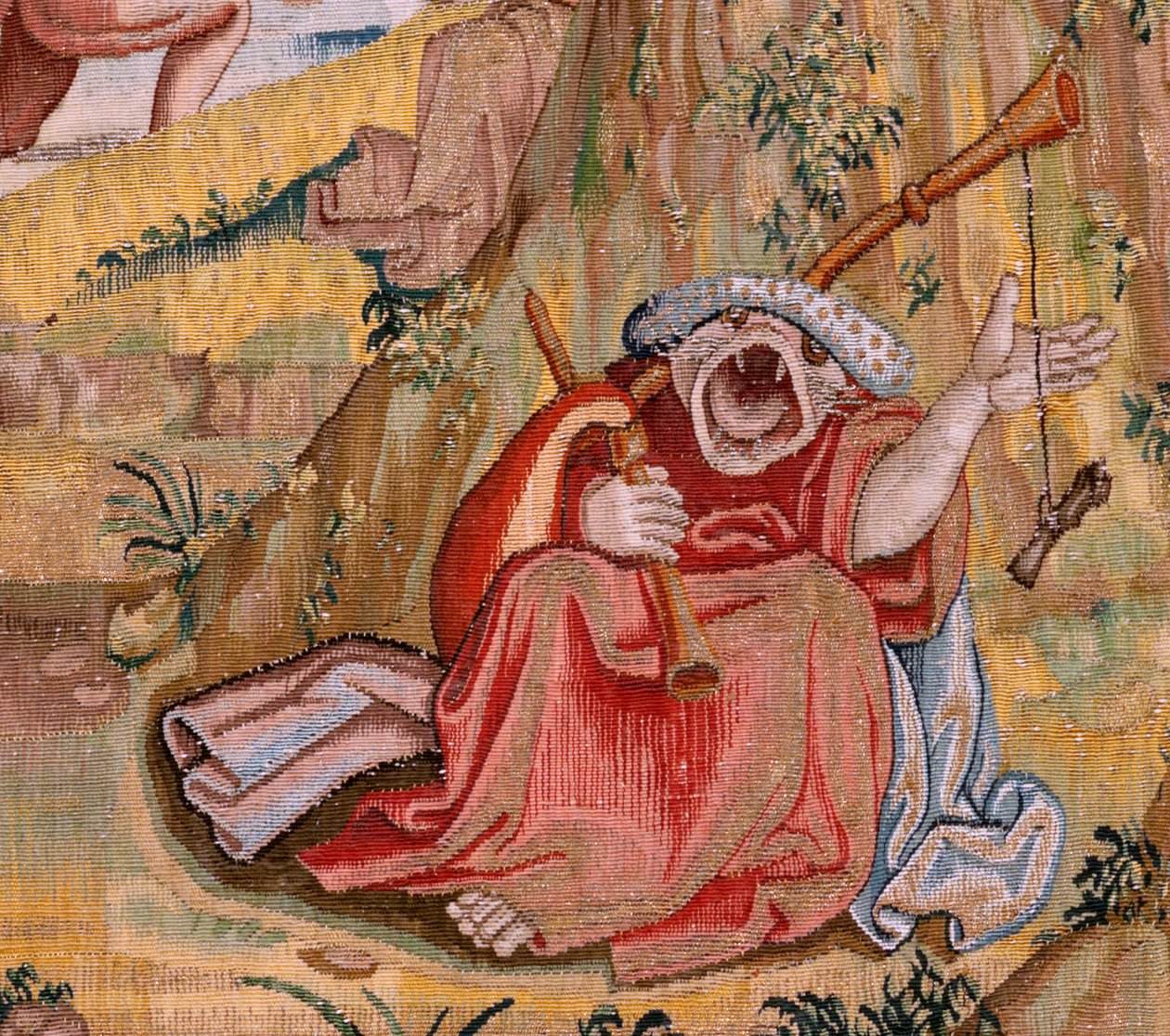 Vlámský gobelín. Série Čtyři gobelíny podle Hieronyma Bosche. Svatý Antonín v modlitbě (San Antonio en oración). Druhá tapisérie v sérii. Model Inspirován dílem Hieronyma Bosche. Výroba neznámá dílna, Brusel. Před rokem 1560. Fabric Go od Hieronymus (after) Bosch