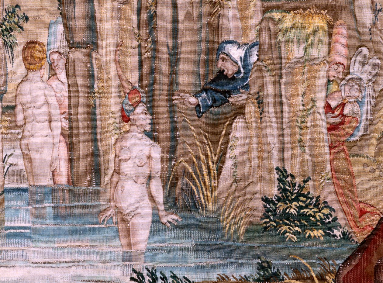 Vlámský gobelín. Série Čtyři gobelíny podle Hieronyma Bosche. Svatý Antonín v modlitbě (San Antonio en oración). Druhá tapisérie v sérii. Model Inspirován dílem Hieronyma Bosche. Výroba neznámá dílna, Brusel. Před rokem 1560. Fabric Go od Hieronymus (after) Bosch
