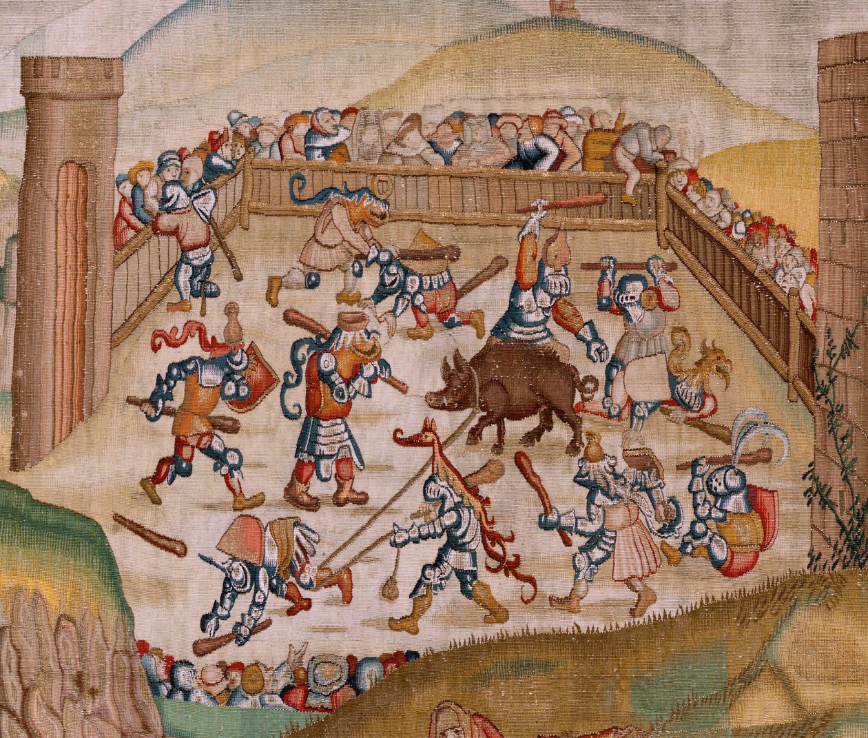 Vlámský gobelín. Série Čtyři gobelíny podle Hieronyma Bosche. Svatý Martin (San Martín). První tapisérie v sérii. Model Inspirován dílem Hieronyma Bosche. Výroba neznámá dílna, Brusel. Před rokem 1560. Tkanina Zlato, stříbro, hedvábí a woo od Hieronymus (after) Bosch