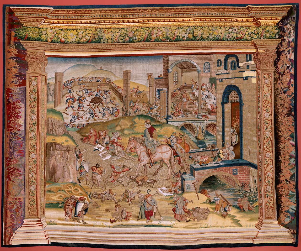 Vlámský gobelín. Série Čtyři gobelíny podle Hieronyma Bosche. Svatý Martin (San Martín). První tapisérie v sérii. Model Inspirován dílem Hieronyma Bosche. Výroba neznámá dílna, Brusel. Před rokem 1560. Tkanina Zlato, stříbro, hedvábí a woo od Hieronymus (after) Bosch