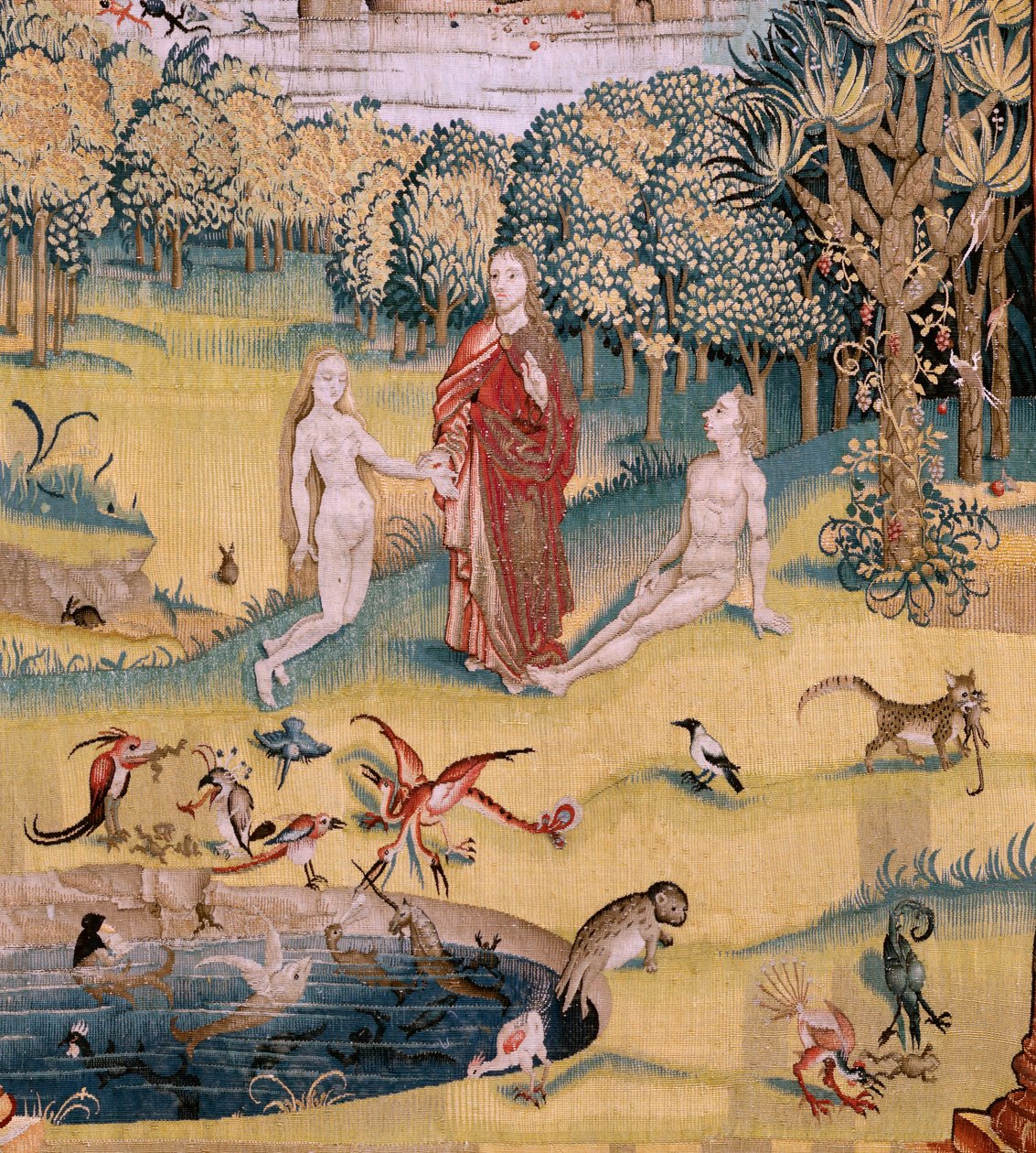 Vlámský gobelín. Série Čtyři gobelíny podle Hieronyma Bosche. Zahrada pozemských rozkoší (Jardín de las Delicias). Čtvrtá tapisérie v sérii. Model Inspirován dílem Hieronyma Bosche. Výroba neznámá dílna, Brusel. Před 1560. Fa od Hieronymus (after) Bosch