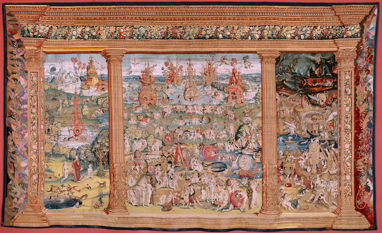 Vlámský gobelín. Série Čtyři gobelíny podle Hieronyma Bosche. Zahrada pozemských rozkoší (Jardín de las Delicias). Čtvrtá tapisérie v sérii. Model Inspirován dílem Hieronyma Bosche. Výroba neznámá dílna, Brusel. Před 1560. Fa od Hieronymus (after) Bosch
