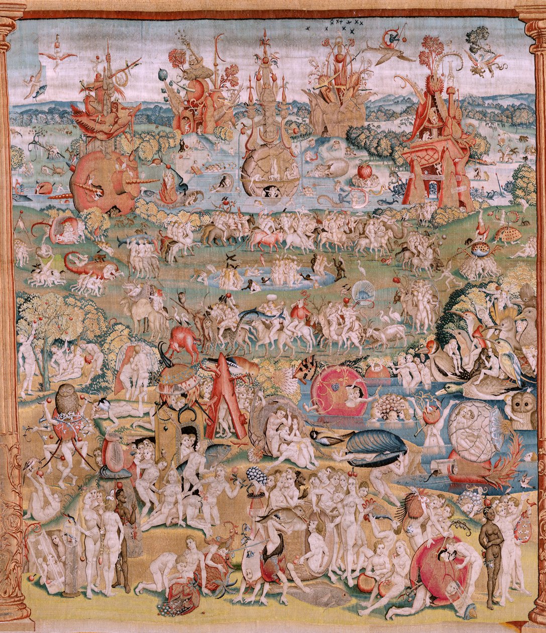 Vlámský gobelín. Série Čtyři gobelíny podle Hieronyma Bosche. Zahrada pozemských rozkoší (Jardín de las Delicias). Čtvrtá tapisérie v sérii. Model Inspirován dílem Hieronyma Bosche. Výroba neznámá dílna, Brusel. Před 1560. Fa od Hieronymus (after) Bosch
