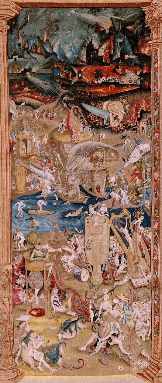Vlámský gobelín. Série Čtyři gobelíny podle Hieronyma Bosche. Zahrada pozemských rozkoší (Jardín de las Delicias). Čtvrtá tapisérie v sérii. Model Inspirován dílem Hieronyma Bosche. Výroba neznámá dílna, Brusel. Před 1560. Fa od Hieronymus (after) Bosch